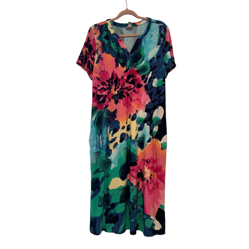 Chicos sz‎ 2 (sz L or 12) short sleeve floral all stretch midi dress travel I